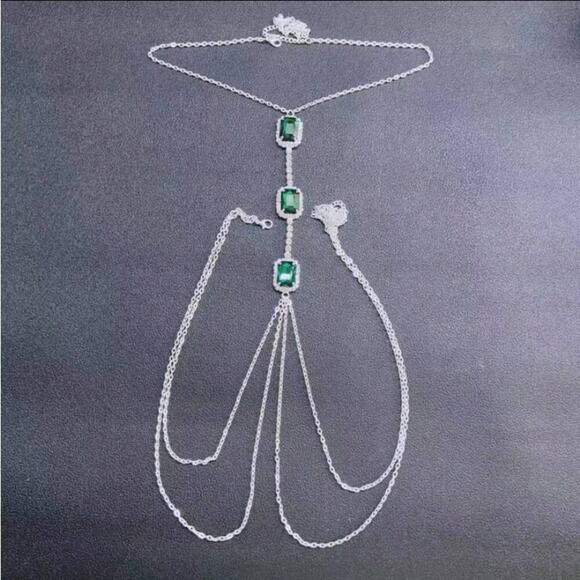 Emerald Silver Zircon Body Chain, Elegant, Classy, Minimalist, Punk - Picture 3 of 5